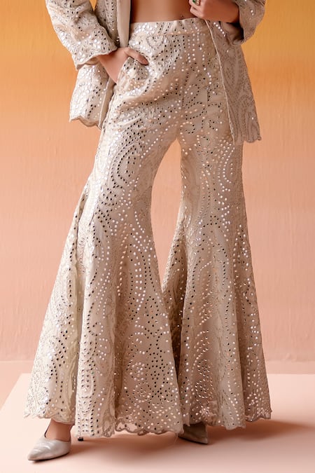 Twenty Nine Ivory Georgette Mirrors, Beads Collared Embroidered Scalloped Coat Jacket at Aza Fashions Twenty Nine_Ivory Georgette Mirrors, Beads Collared Embroidered Scalloped Coat Jacket _at_Aza_Fashions