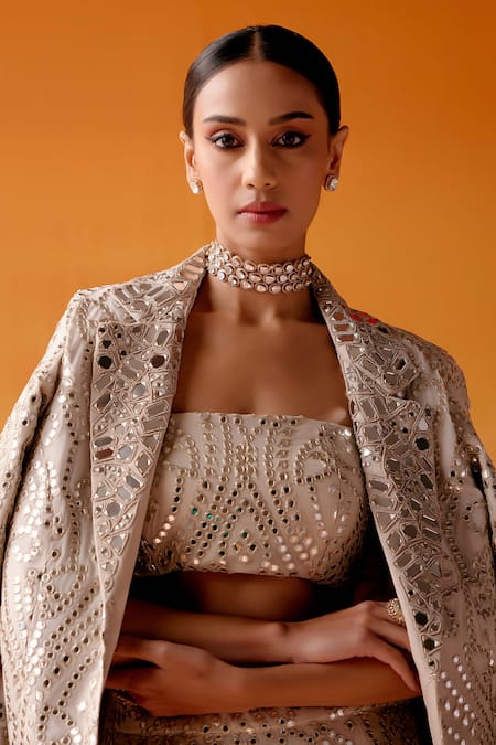 Buy Twenty Nine Ivory Georgette Mirrors, Beads Collared Embroidered Scalloped Coat Jacket Buy_Twenty Nine_Ivory Georgette Mirrors, Beads Collared Embroidered Scalloped Coat Jacket