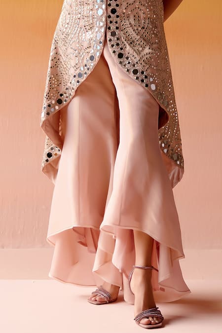 Twenty Nine Pink Tissue Mirrors Mandarin Collar Long Asymmetric Embroidered Jacket Online at Aza Fashions Twenty Nine_Pink Tissue Mirrors Mandarin Collar Long Asymmetric Embroidered Jacket _Online_at_Aza_Fashions
