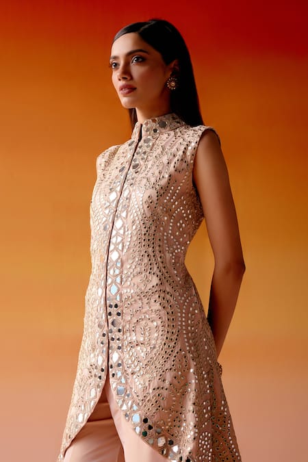 Shop Twenty Nine Pink Tissue Mirrors Mandarin Collar Long Asymmetric Embroidered Jacket Online at Aza Fashions Shop_Twenty Nine_Pink Tissue Mirrors Mandarin Collar Long Asymmetric Embroidered Jacket _Online_at_Aza_Fashions