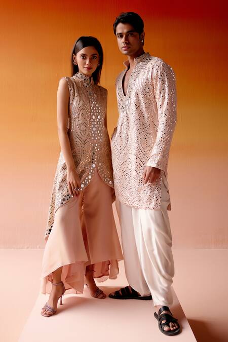 Twenty Nine Pink Tissue Mirrors Mandarin Collar Long Asymmetric Embroidered Jacket at Aza Fashions Twenty Nine_Pink Tissue Mirrors Mandarin Collar Long Asymmetric Embroidered Jacket _at_Aza_Fashions