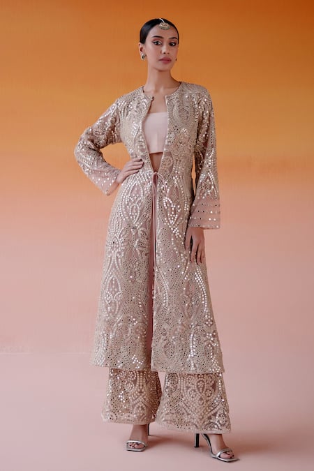 Twenty Nine Pink Net Embroidered Mirror Plunged Notched Long Jacket 