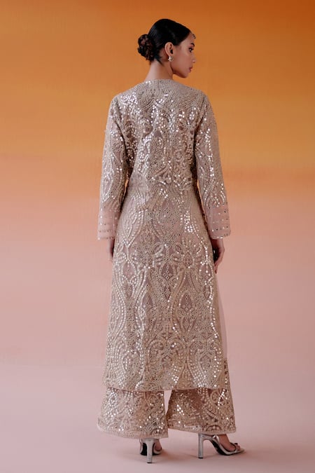Shop Twenty Nine Pink Net Mirrors Plunge Neck Embroidered Long Jacket at Aza Fashions Shop_Twenty Nine_Pink Net Mirrors Plunge Neck Embroidered Long Jacket _at_Aza_Fashions