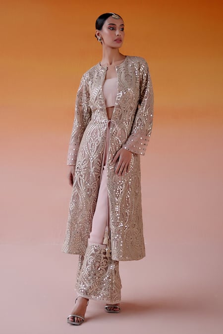 Twenty Nine Pink Net Mirrors Plunge Neck Embroidered Long Jacket Online at Aza Fashions Twenty Nine_Pink Net Mirrors Plunge Neck Embroidered Long Jacket _Online_at_Aza_Fashions