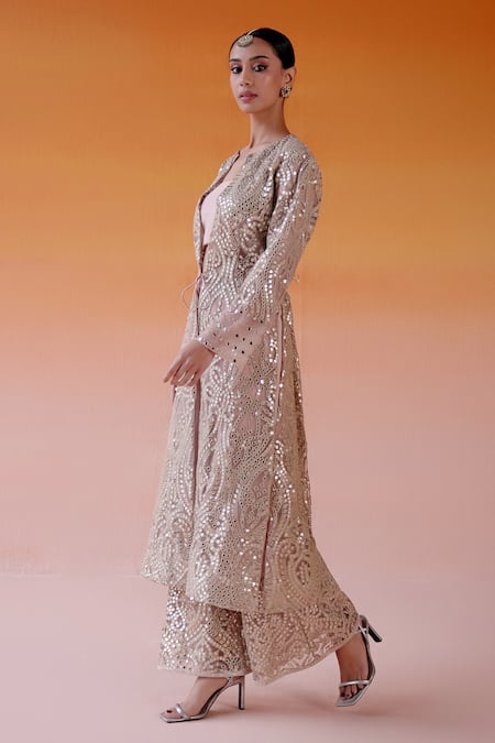 Buy Twenty Nine Pink Net Mirrors Plunge Neck Embroidered Long Jacket Online at Aza Fashions Buy_Twenty Nine_Pink Net Mirrors Plunge Neck Embroidered Long Jacket _Online_at_Aza_Fashions
