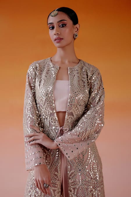Shop Twenty Nine Pink Net Mirrors Plunge Neck Embroidered Long Jacket Online at Aza Fashions Shop_Twenty Nine_Pink Net Mirrors Plunge Neck Embroidered Long Jacket _Online_at_Aza_Fashions