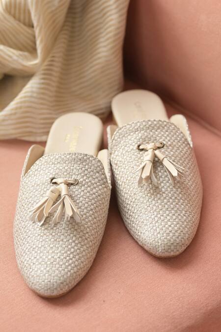 Coral Haze_Ivory Tasseled Loop Weave Mules_Online_at_Aza_Fashions