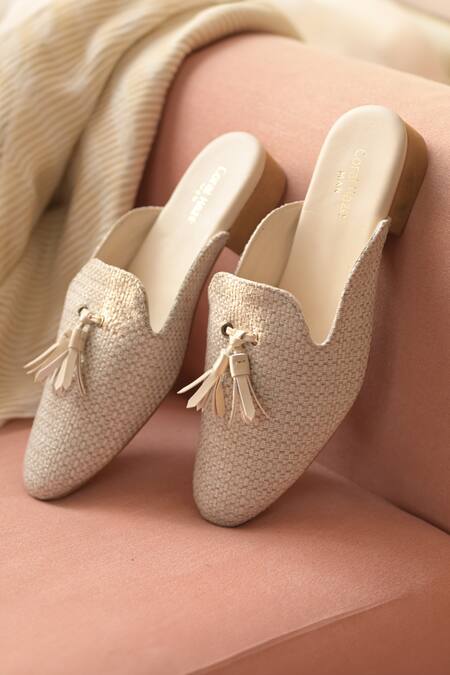 Buy_Coral Haze_Ivory Tasseled Loop Weave Mules_Online_at_Aza_Fashions