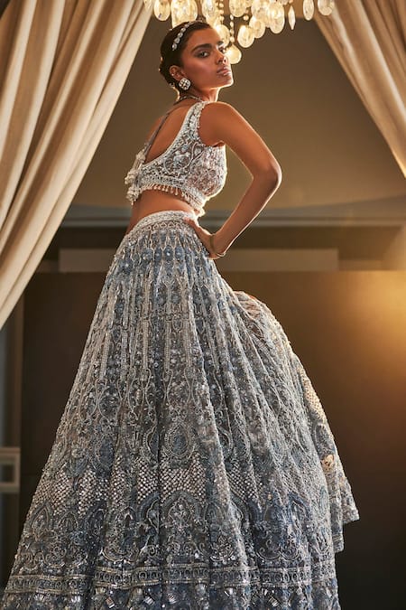 Buy_Kalighata_Blue Organza Sequins, Embroidery, Tassels Sweetheart Aromatic Hand Lehenga Set _Online_at_Aza_Fashions