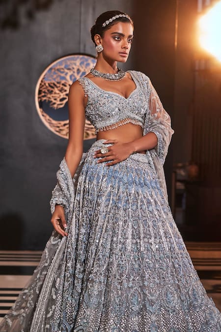 Kalighata_Blue Organza Sequins, Embroidery, Tassels Sweetheart Aromatic Hand Lehenga Set _at_Aza_Fashions