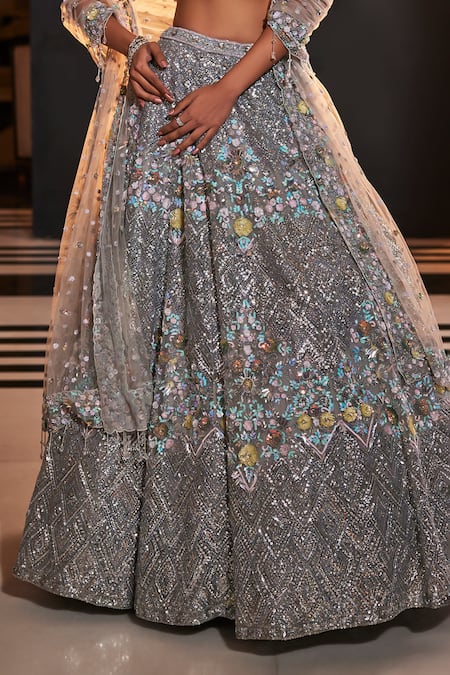 Kalighata_Grey Organza Sequins, Embroidery Plunge Neck Glory Floral Hand Lehenga Set _Online_at_Aza_Fashions