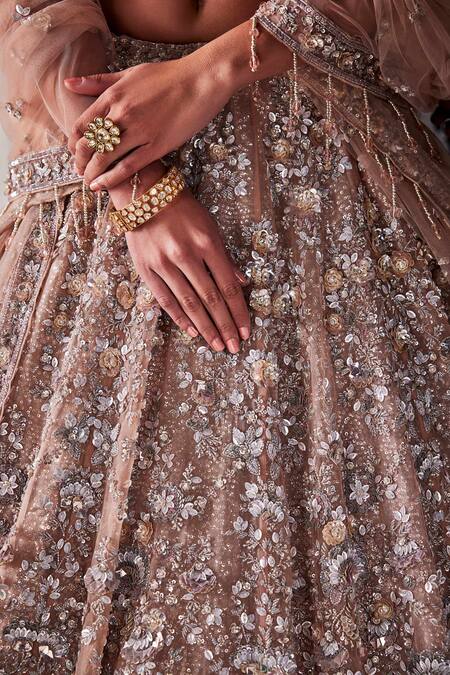 Buy_Kalighata_Brown Organza Tassels, Embroidery, Turquiose Floral Hand Bridal Lehenga Set _Online_at_Aza_Fashions