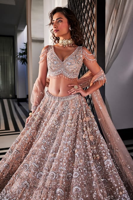 Shop_Kalighata_Brown Organza Tassels, Embroidery, Turquiose Floral Hand Bridal Lehenga Set _Online_at_Aza_Fashions