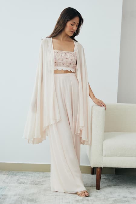 Shop Lavanya Ahuja Pink Georgette Sequins, Beads Square Neck Flared Sleeve Cape Pant Set at Aza Fashions Shop_Lavanya Ahuja_Pink Georgette Sequins, Beads Square Neck Flared Sleeve Cape Pant Set _at_Aza_Fashions