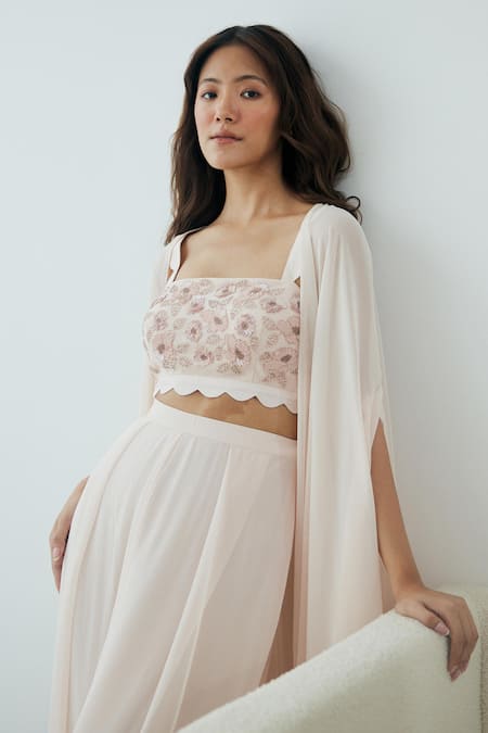 Lavanya Ahuja Pink Georgette Sequins, Beads Square Neck Flared Sleeve Cape Pant Set Online at Aza Fashions Lavanya Ahuja_Pink Georgette Sequins, Beads Square Neck Flared Sleeve Cape Pant Set _Online_at_Aza_Fashions