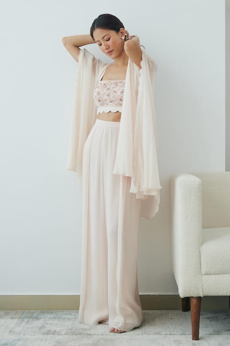 Buy Lavanya Ahuja Pink Georgette Sequins, Beads Square Neck Flared Sleeve Cape Pant Set Online at Aza Fashions Buy_Lavanya Ahuja_Pink Georgette Sequins, Beads Square Neck Flared Sleeve Cape Pant Set _Online_at_Aza_Fashions