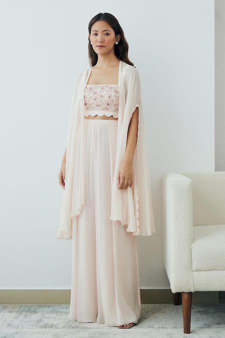 Lavanya Ahuja Pink Georgette Sequins, Beads Square Neck Flared Sleeve Cape Pant Set at Aza Fashions Lavanya Ahuja_Pink Georgette Sequins, Beads Square Neck Flared Sleeve Cape Pant Set _at_Aza_Fashions