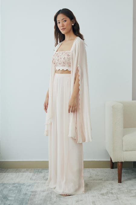 Buy Lavanya Ahuja Pink Georgette Sequins, Beads Square Neck Flared Sleeve Cape Pant Set Buy_Lavanya Ahuja_Pink Georgette Sequins, Beads Square Neck Flared Sleeve Cape Pant Set