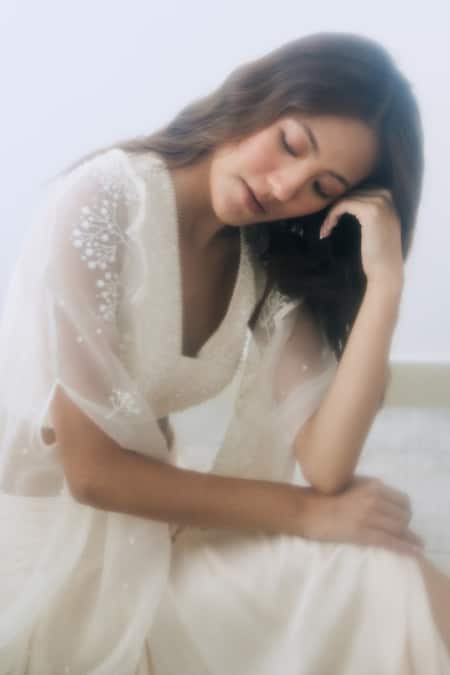 Lavanya Ahuja Ivory Crepe, Satin Sequins, Beads V-neck Embroidered Blouse And Skirt Set Online at Aza Fashions Lavanya Ahuja_Ivory Crepe, Satin Sequins, Beads V-neck Embroidered Blouse And Skirt Set _Online_at_Aza_Fashions