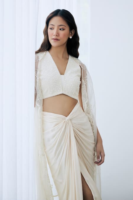 Buy Lavanya Ahuja Ivory Crepe, Satin Sequins, Beads V-neck Embroidered Blouse And Skirt Set Online at Aza Fashions Buy_Lavanya Ahuja_Ivory Crepe, Satin Sequins, Beads V-neck Embroidered Blouse And Skirt Set _Online_at_Aza_Fashions