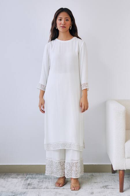 Shop Lavanya Ahuja White Georgette, Organza Beads, Embroidery Round Neck Panel Kurta Pant Set at Aza Fashions Shop_Lavanya Ahuja_White Georgette, Organza Beads, Embroidery Round Neck Panel Kurta Pant Set _at_Aza_Fashions