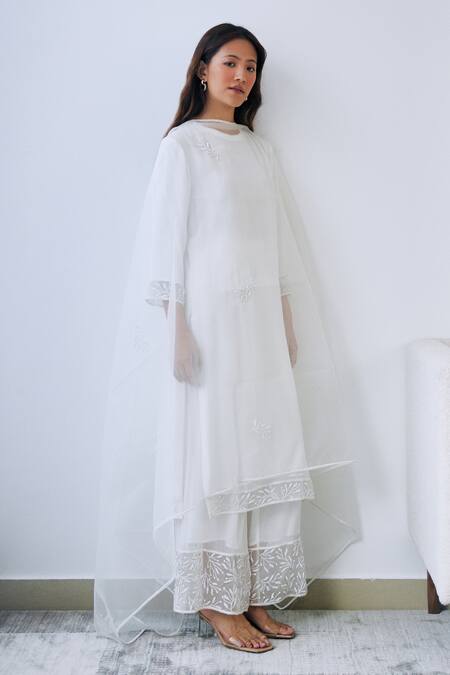 Lavanya Ahuja White Georgette, Organza Beads, Embroidery Round Neck Panel Kurta Pant Set Online at Aza Fashions Lavanya Ahuja_White Georgette, Organza Beads, Embroidery Round Neck Panel Kurta Pant Set _Online_at_Aza_Fashions