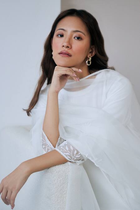 Shop Lavanya Ahuja White Georgette, Organza Beads, Embroidery Round Neck Panel Kurta Pant Set Online at Aza Fashions Shop_Lavanya Ahuja_White Georgette, Organza Beads, Embroidery Round Neck Panel Kurta Pant Set _Online_at_Aza_Fashions