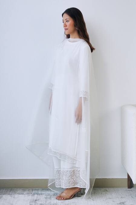 Lavanya Ahuja White Georgette, Organza Beads, Embroidery Round Neck Panel Kurta Pant Set at Aza Fashions Lavanya Ahuja_White Georgette, Organza Beads, Embroidery Round Neck Panel Kurta Pant Set _at_Aza_Fashions