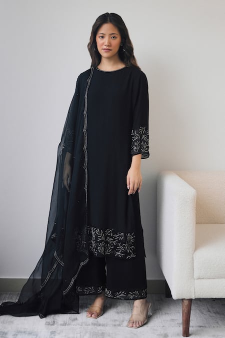 Shop Lavanya Ahuja Black Georgette, Organza Beads Round Neck Panel Embroidered Kurta Pant Set at Aza Fashions Shop_Lavanya Ahuja_Black Georgette, Organza Beads Round Neck Panel Embroidered Kurta Pant Set _at_Aza_Fashions