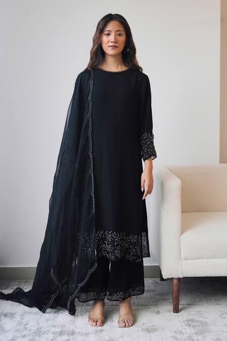 Buy Lavanya Ahuja Black Georgette, Organza Beads Round Neck Panel Embroidered Kurta Pant Set Online at Aza Fashions Buy_Lavanya Ahuja_Black Georgette, Organza Beads Round Neck Panel Embroidered Kurta Pant Set _Online_at_Aza_Fashions