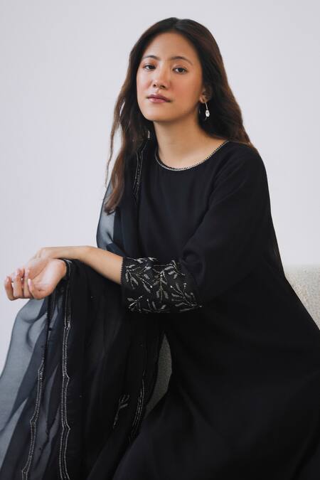 Shop Lavanya Ahuja Black Georgette, Organza Beads Round Neck Panel Embroidered Kurta Pant Set Online at Aza Fashions Shop_Lavanya Ahuja_Black Georgette, Organza Beads Round Neck Panel Embroidered Kurta Pant Set _Online_at_Aza_Fashions