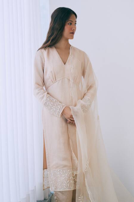 Shop Lavanya Ahuja Beige Organza, Satin, Linen Beads V-neck Panel Work V Kurta Pant Set at Aza Fashions Shop_Lavanya Ahuja_Beige Organza, Satin, Linen Beads V-neck Panel Work V Kurta Pant Set _at_Aza_Fashions
