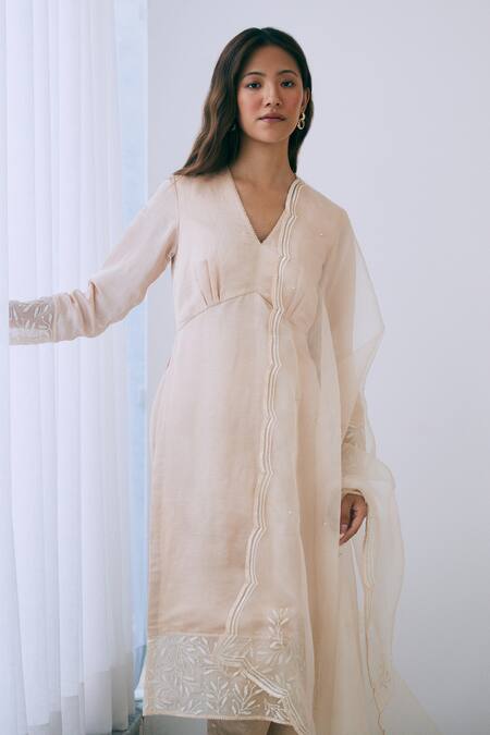 Buy Lavanya Ahuja Beige Organza, Satin, Linen Beads V-neck Panel Work V Kurta Pant Set Online at Aza Fashions Buy_Lavanya Ahuja_Beige Organza, Satin, Linen Beads V-neck Panel Work V Kurta Pant Set _Online_at_Aza_Fashions
