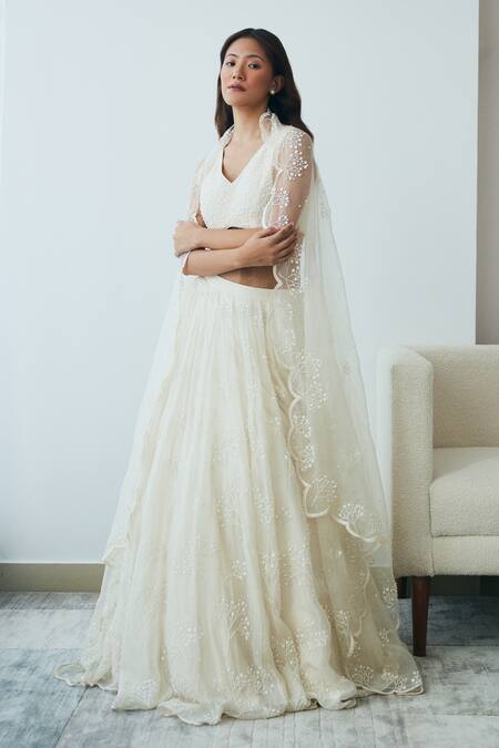 Shop Lavanya Ahuja Ivory Crepe, Organza Sequins, Beads V-neck Hand Embroidered Blouse Lehenga Set Online at Aza Fashions Shop_Lavanya Ahuja_Ivory Crepe, Organza Sequins, Beads V-neck Hand Embroidered Blouse Lehenga Set _Online_at_Aza_Fashions