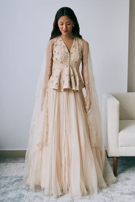 Shop Lavanya Ahuja Beige Organza, Georgette Beads, Embroidery V-neck Floral Peplum Skirt Set at Aza Fashions Shop_Lavanya Ahuja_Beige Organza, Georgette Beads, Embroidery V-neck Floral Peplum Skirt Set _at_Aza_Fashions