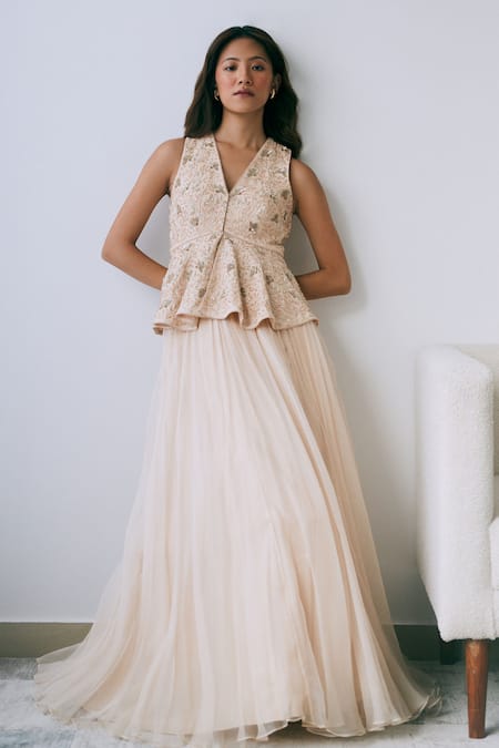 Lavanya Ahuja Beige Organza, Georgette Beads, Embroidery V-neck Floral Peplum Skirt Set Online at Aza Fashions Lavanya Ahuja_Beige Organza, Georgette Beads, Embroidery V-neck Floral Peplum Skirt Set _Online_at_Aza_Fashions