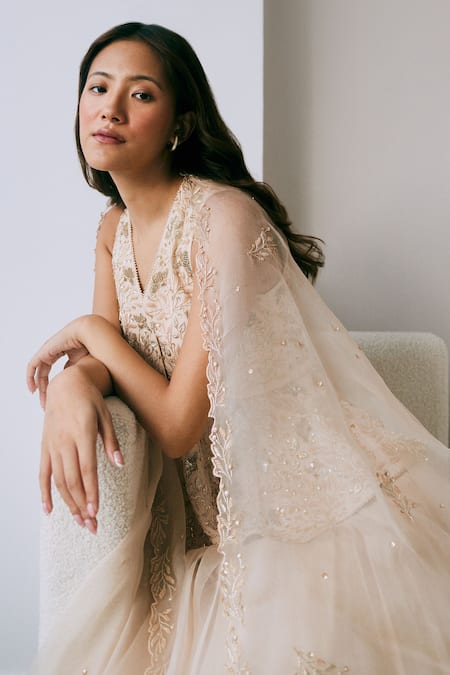 Buy Lavanya Ahuja Beige Organza, Georgette Beads, Embroidery V-neck Floral Peplum Skirt Set Online at Aza Fashions Buy_Lavanya Ahuja_Beige Organza, Georgette Beads, Embroidery V-neck Floral Peplum Skirt Set _Online_at_Aza_Fashions