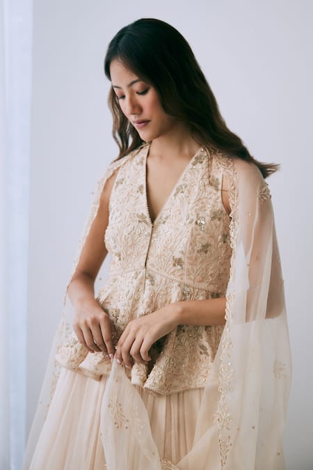Shop Lavanya Ahuja Beige Organza, Georgette Beads, Embroidery V-neck Floral Peplum Skirt Set Online at Aza Fashions Shop_Lavanya Ahuja_Beige Organza, Georgette Beads, Embroidery V-neck Floral Peplum Skirt Set _Online_at_Aza_Fashions