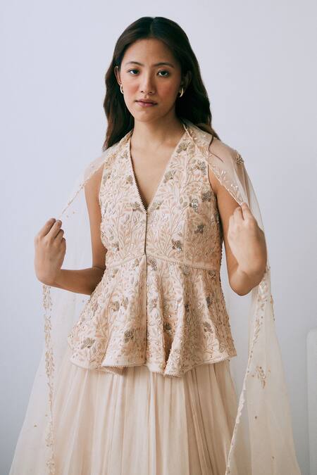 Lavanya Ahuja Beige Organza, Georgette Beads, Embroidery V-neck Floral Peplum Skirt Set at Aza Fashions Lavanya Ahuja_Beige Organza, Georgette Beads, Embroidery V-neck Floral Peplum Skirt Set _at_Aza_Fashions