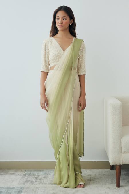 Lavanya Ahuja Ivory Georgette, Organza Beads, Pre-stitched Saree With Embroidered Blouse Online at Aza Fashions Lavanya Ahuja_Ivory Georgette, Organza Beads, Pre-stitched Saree With Embroidered Blouse _Online_at_Aza_Fashions