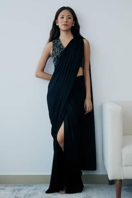 Lavanya Ahuja Black Georgette Embroidered Beads V Neck Pre-stitched Saree With Floral Blouse 