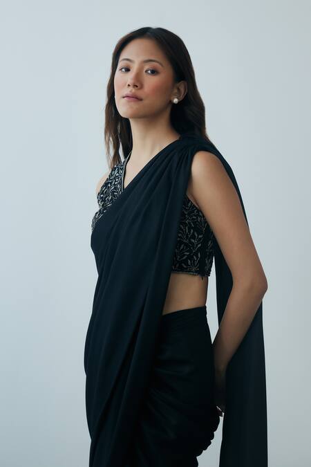 Lavanya Ahuja Black Georgette Embroidery, Beads V-neck Pre-stitched Saree With Floral Blouse Online at Aza Fashions Lavanya Ahuja_Black Georgette Embroidery, Beads V-neck Pre-stitched Saree With Floral Blouse _Online_at_Aza_Fashions