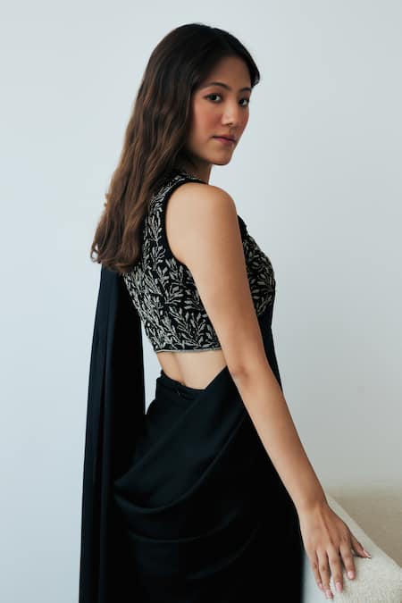 Shop Lavanya Ahuja Black Georgette Embroidery, Beads V-neck Pre-stitched Saree With Floral Blouse Online at Aza Fashions Shop_Lavanya Ahuja_Black Georgette Embroidery, Beads V-neck Pre-stitched Saree With Floral Blouse _Online_at_Aza_Fashions