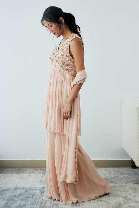 Lavanya Ahuja Pink Georgette Pearls, Sequins, Beads V-neck Yoke Embroidered Kurta Sharara Set Online at Aza Fashions Lavanya Ahuja_Pink Georgette Pearls, Sequins, Beads V-neck Yoke Embroidered Kurta Sharara Set _Online_at_Aza_Fashions