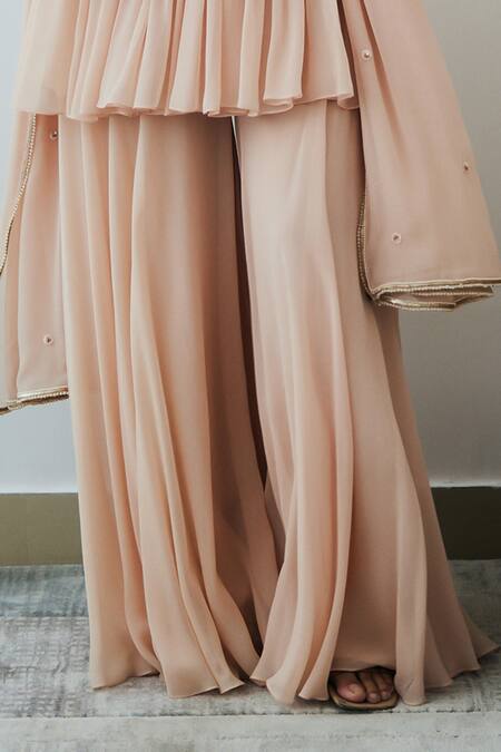 Shop Lavanya Ahuja Pink Georgette Pearls, Sequins, Beads V-neck Yoke Embroidered Kurta Sharara Set Online at Aza Fashions Shop_Lavanya Ahuja_Pink Georgette Pearls, Sequins, Beads V-neck Yoke Embroidered Kurta Sharara Set _Online_at_Aza_Fashions