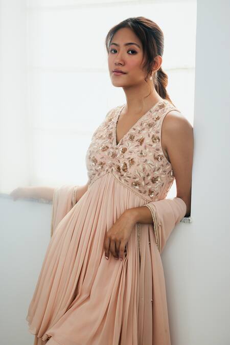 Lavanya Ahuja Pink Georgette Pearls, Sequins, Beads V-neck Yoke Embroidered Kurta Sharara Set at Aza Fashions Lavanya Ahuja_Pink Georgette Pearls, Sequins, Beads V-neck Yoke Embroidered Kurta Sharara Set _at_Aza_Fashions