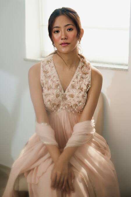 Buy Lavanya Ahuja Pink Georgette Pearls, Sequins, Beads V-neck Yoke Embroidered Kurta Sharara Set Buy_Lavanya Ahuja_Pink Georgette Pearls, Sequins, Beads V-neck Yoke Embroidered Kurta Sharara Set