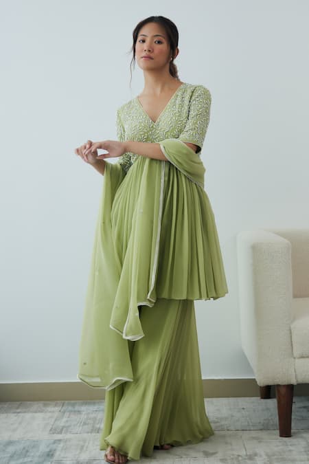 Shop Lavanya Ahuja Green Georgette Beads, Embroidery V-neck Yoke Kurta Sharara Set at Aza Fashions Shop_Lavanya Ahuja_Green Georgette Beads, Embroidery V-neck Yoke Kurta Sharara Set _at_Aza_Fashions