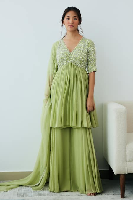 Lavanya Ahuja Green Georgette Beads, Embroidery V-neck Yoke Kurta Sharara Set Online at Aza Fashions Lavanya Ahuja_Green Georgette Beads, Embroidery V-neck Yoke Kurta Sharara Set _Online_at_Aza_Fashions