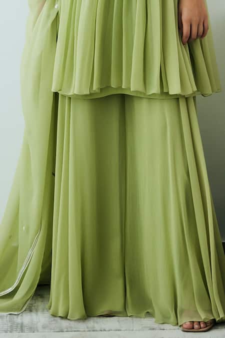 Buy Lavanya Ahuja Green Georgette Beads, Embroidery V-neck Yoke Kurta Sharara Set Online at Aza Fashions Buy_Lavanya Ahuja_Green Georgette Beads, Embroidery V-neck Yoke Kurta Sharara Set _Online_at_Aza_Fashions